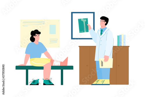 Traumatological cabinet in healthcare clinic with doctor consulting patient with injured leg, flat cartoon vector illustration. Visit to traumatologist scene.