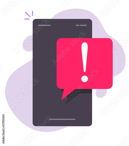 Notice caution important reminder vector notification push message on mobile phone screen flat cartoon, warning red note with exclamation sign danger alarm error on smartphone cellphone security