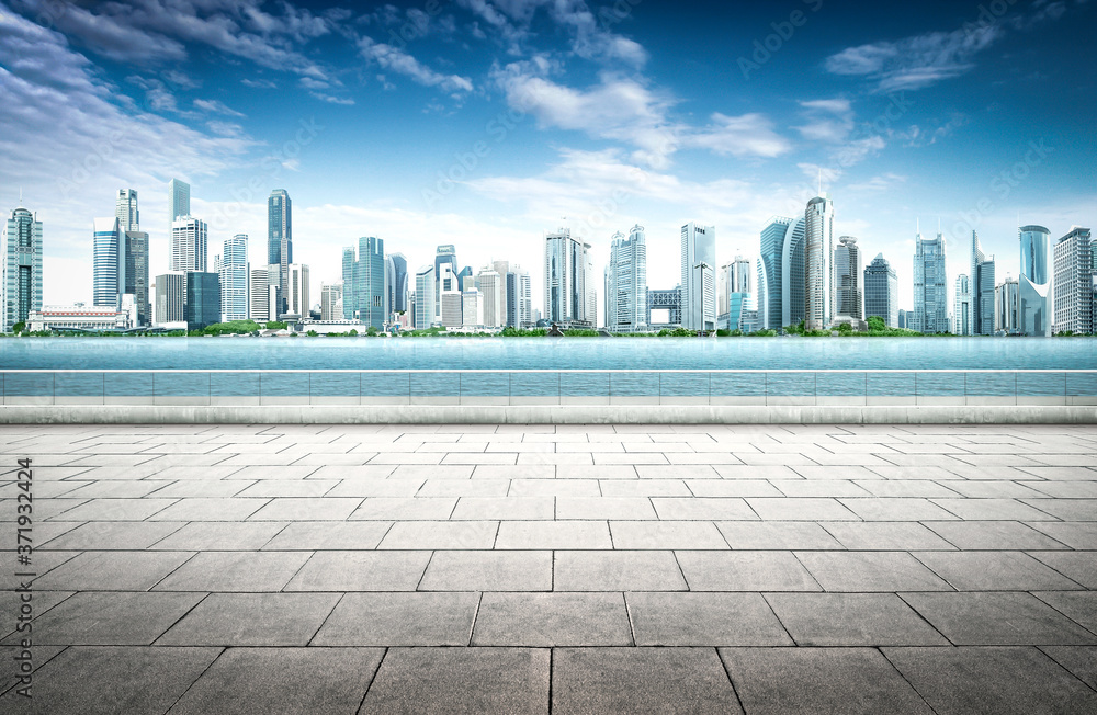 Panoramic view of  city waterfront skyline with empty floor