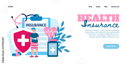 Web banner template for life and health insurance services with insurance business symbols and cartoon personage, flat vector illustration. Landing page interface.