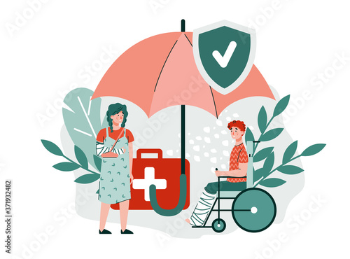 Medical health insurance in case of injury and disability banner with characters of injured people, flat cartoon vector illustration isolated on white background.