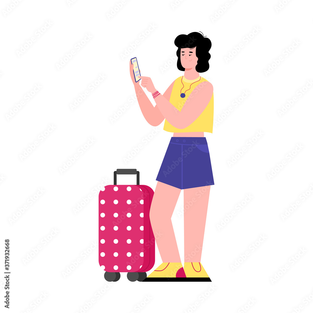 Traveller girl with a suitcase uses a mobile app to order a taxi online. A young woman holds a mobile phone in her hand. Flat cartoon vector illustration isolated on a white Traveller girl with a suitcase uses a mobile app to order a taxi online. A young woman holds a mobile phone in her hand. Flat cartoon vector illustration isolated on a white