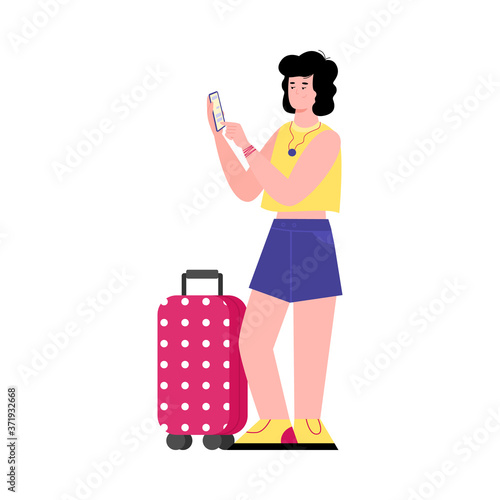 Traveller girl with a suitcase uses a mobile app to order a taxi online. A young woman holds a mobile phone in her hand. Flat cartoon vector illustration isolated on a white