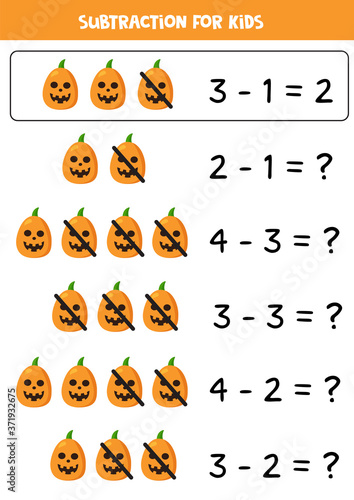 Subtraction with spooky Halloween pumpkins. Game for kids.