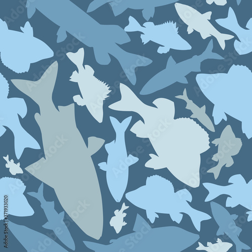 Seamless pattern of blue, gray, blue, gray-brown silhouettes of different northern fish in camouflage style.