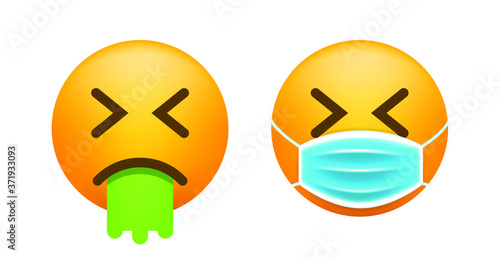Cute Sick Emoticon with Face Mask on White Background. Isolated Vector Illustration 