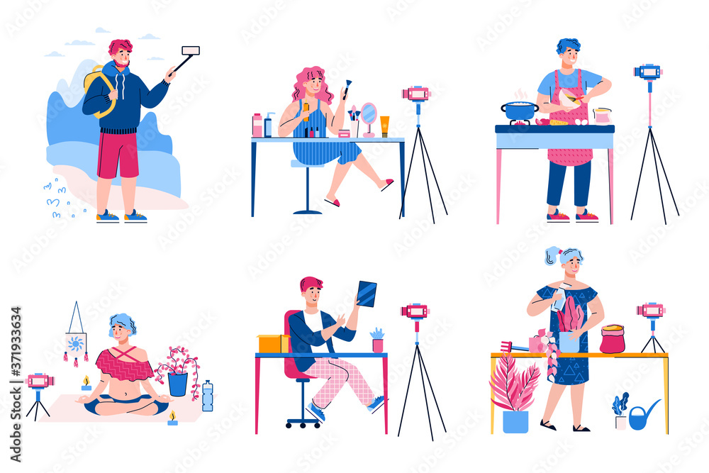 Set of vloggers making online video. Review of travel and beauty, cooking and yoga, overview shopping and home plants for internet content. Vector isolated flat illustration Set of vloggers making online video. Review of travel and beauty, cooking and yoga, overview shopping and home plants for internet content. Vector isolated flat illustration