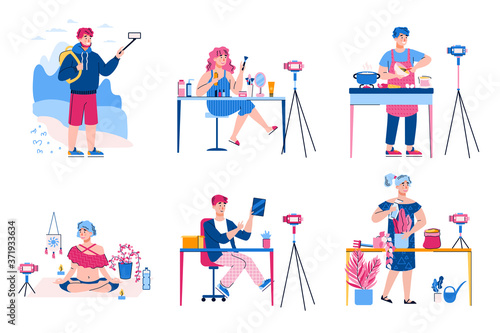 Set of vloggers making online video. Review of travel and beauty, cooking and yoga, overview shopping and home plants for internet content. Vector isolated flat illustration