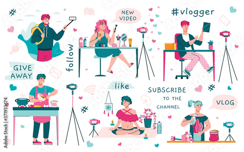 Set of vloggers or video bloggers making stream for social media, flat cartoon vector illustration isolated on white background. Vloggers creating video content.