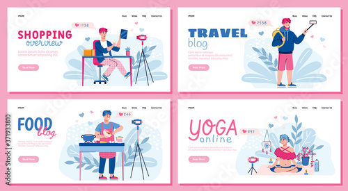 Web page interfaces set for video bloggers with cartoon characters of vloggers flat vector illustration. Landing pages with people creating content for social media. © Kudryavtsev