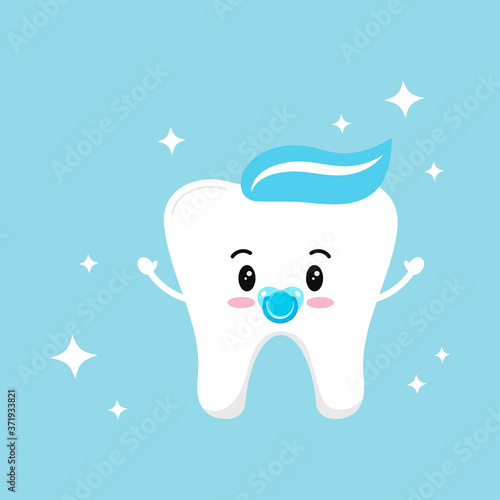 Cute baby tooth boy with dummy pacifier icon isolated on background. Sweet and funny first teeth sign. Flat cartoon style little tooth design element. Vector dental character illustration.