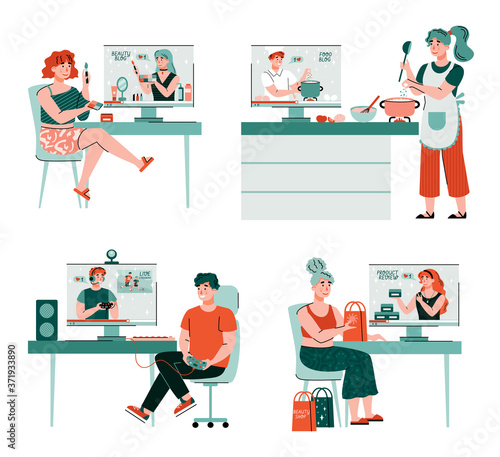 Video tutorials or educational online videos for the Internet. Bloggers tell their followers about beauty, cooking, video games and shopping. Set of flat isolated vector illustration