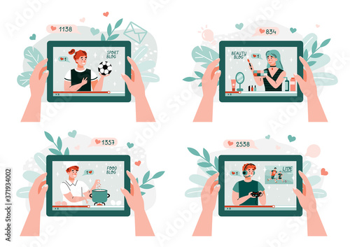 Set of banners for video blogs with hands holding tablet with video bloggers broadcasting on screen, flat cartoon vector illustration isolated on white background.