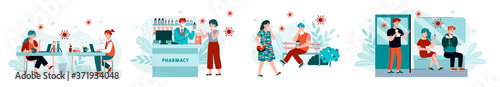 Set of people in public places having risk to be exposed to a virus, flat cartoon vector illustration isolated on white background. Infection and viral disease.