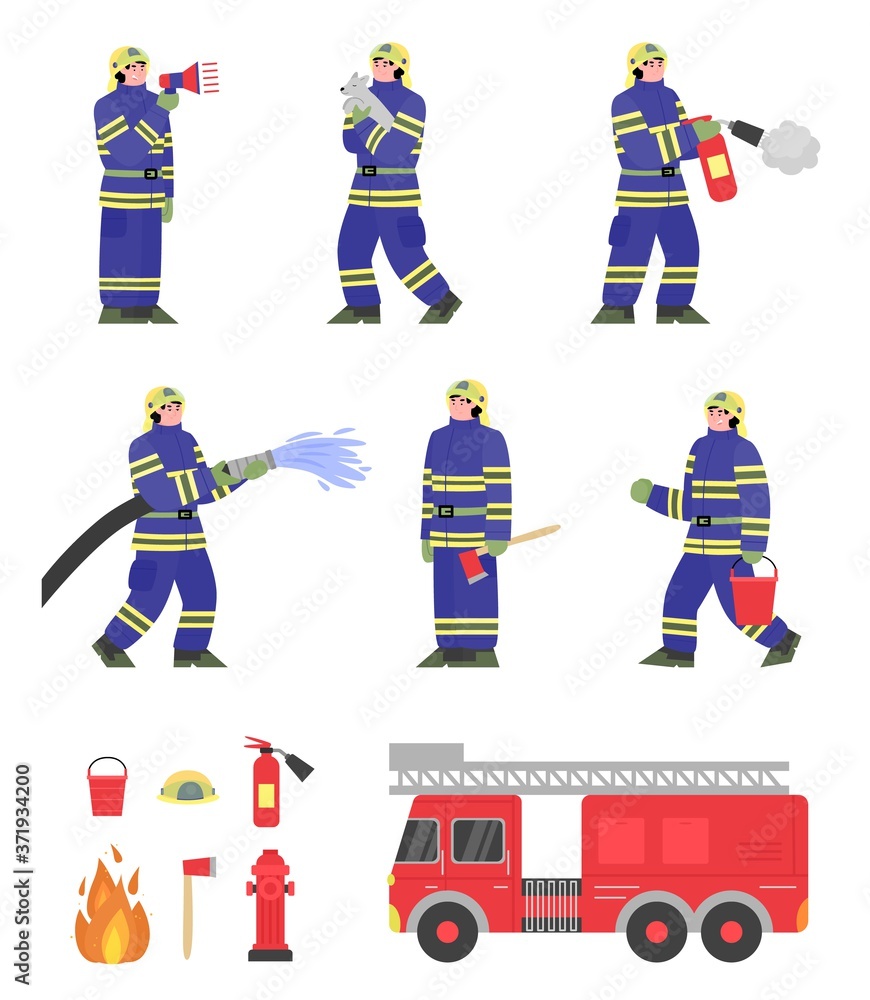Firefighter team and equipment set - cartoon fireman in uniform extinguishing fire and firetruck with objects isolated on white background. Vector illustration. Firefighter team and equipment set - cartoon fireman in uniform extinguishing fire and firetruck with objects isolated on white background. Vector illustration.