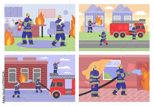 A set of posters and banners with a fire brigade that extinguishes a burning house or apartment. Firefighters use water from a hose to extinguish the fire. Vector flat illustrations