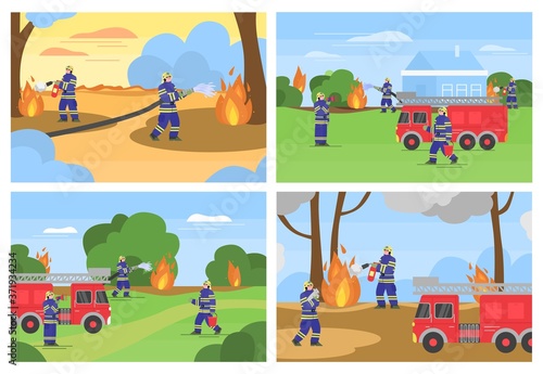 Set of scenes with firefighters and rescues put out the fire in forest landscape, flat cartoon vector illustration. Professional firemen brigade saving wildlife.