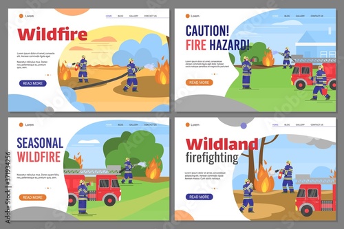Firefighters extinguish a fire in the wildland. Fireman in uniform use water from hose for fire. A set of vector flat illustrations. Landing page template.
