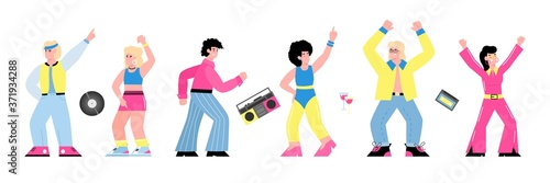 80s disco party banner with dancing people cartoon characters, flat vector illustration isolated on white background. Dance men and women in bright retro clothing.