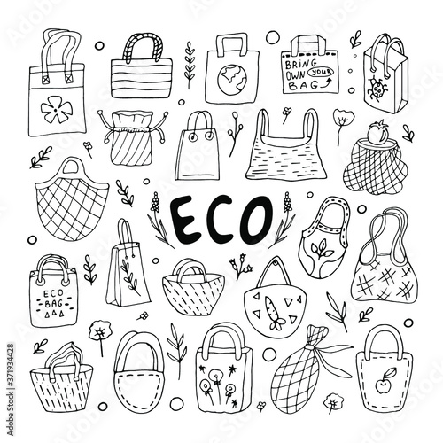 drawn eco bag set. Zero waste bags.Collection of hand drawn bags eco bags shop. black and white.Hand drawn elements of zero waste life in vector. No plastic. Go green/Hand drawn eco bags set 