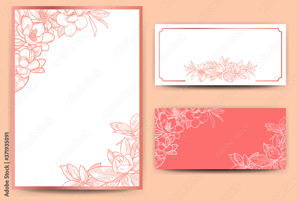 Set of floral invitation and greeting cards. Hand drawn  magnolias.