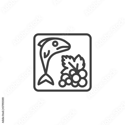 Perishable goods, packaging sign line icon. linear style sign for mobile concept and web design. Fish and grapes outline vector icon. Symbol, logo illustration. Vector graphics