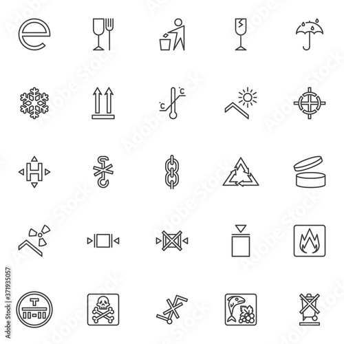 Packaging signs line icons set. linear style symbols collection, outline signs pack. vector graphics. Set includes icons as estimated, fragile, limitation, recyclable materials, product durability