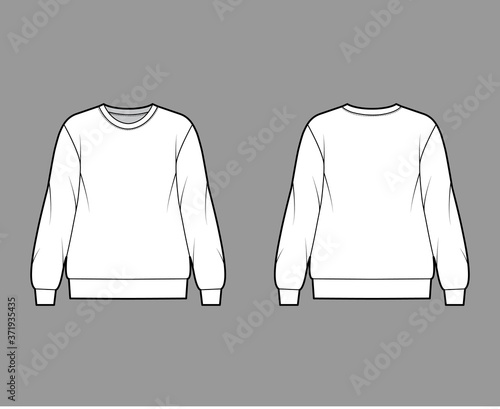 Cotton-terry oversized sweatshirt technical fashion illustration with relaxed fit, crew neckline, long sleeves. Flat outwear jumper apparel template front, back white color. Women, men, unisex top CAD