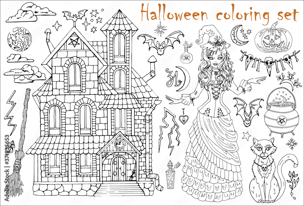 Halloween coloring set with beautiful witch girl in costume, house, cat, pot and scary objects.