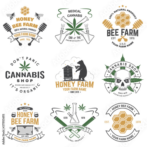 Set of Honey bee farm and medical cannabis shop badge. Vector. Concept for shirt, print, stamp or tee. Design for honey bee farm, weed shop, marijuana delivery