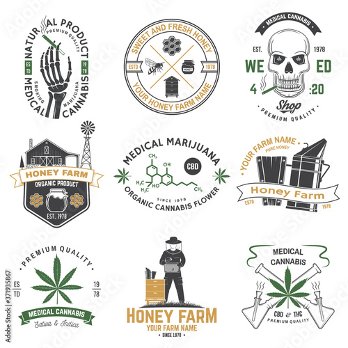 Set of Honey bee farm and medical cannabis shop badge. Vector. Concept for shirt, print, stamp or tee. Design for honey bee farm, weed shop, marijuana delivery
