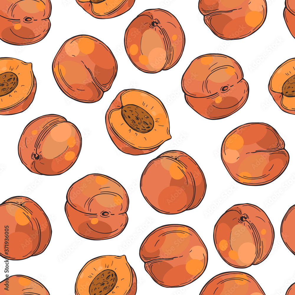 Hand drawn peaches on white background. Vector  seamless pattern.