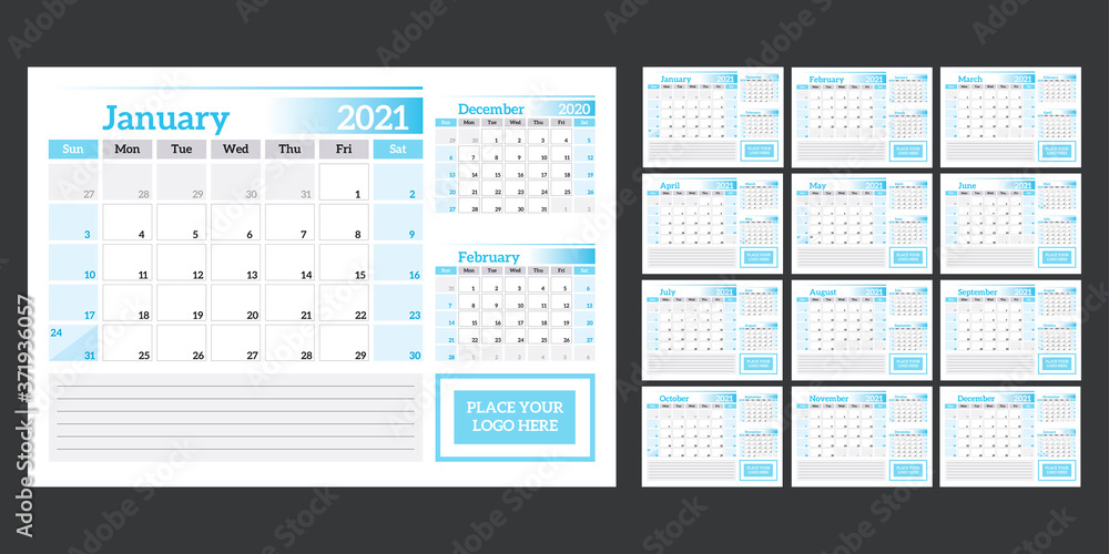 Calendar 2021. Blue horizontal office quarterly calendar in a simple style. Calendar 2021. Blue horizontal office quarterly calendar in a simple style.