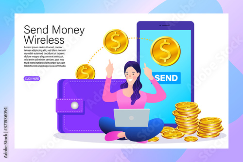 Illustrating modern fintech, a woman sends money wirelessly via a mobile payment app. Digital coins fly from an e-wallet to a smartphone, showing a fast online bank transfer.