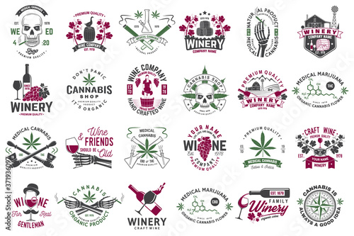 Set of wine company and medical cannabis shop badge. Vector. Concept for shirt, print, stamp or tee. Design for winery company, bar, pub, weed shop, marijuana delivery