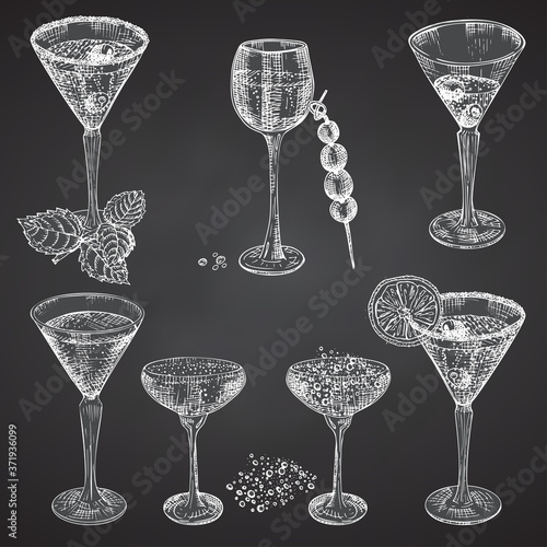 Set hand drawn sketch glasses for alcoholic drink Champagne Vintage design bar, restaurant, cafe menu Chalkboard background Engraving style Graphic vector Creative template for flyer, banner, poster