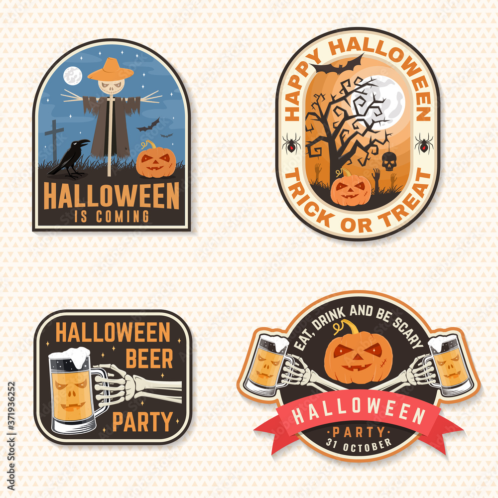 Obraz premium Halloween Beer party patch. Halloween retro badge, pin. Sticker for logo, print, seal. Scarecrow with raven, pumpkin, skeleton hand with glass of magic beer. Typography design- stock vector.