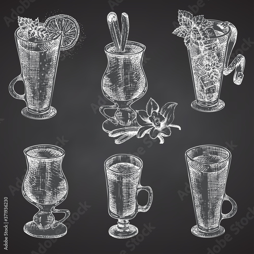 Set hand drawn sketch glasses for christmas alcoholic drinkMulled wine Vintage design bar, restaurant, cafe menu Chalkboard background. Creative template for flyer, poster Engraving style vector art