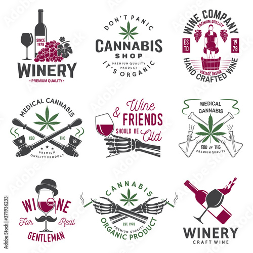 Set of wine company and medical cannabis shop badge. Vector. Concept for shirt, print, stamp or tee. Design for winery company, bar, pub, weed shop, marijuana delivery