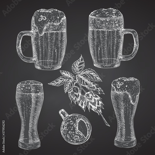 Set hand drawn sketch glasses for alcoholic drink Beer. Vintage design bar, restaurant, cafe menu Chalkboard background. Creative template for flyer, banner, poster Engraving style Graphic vector art