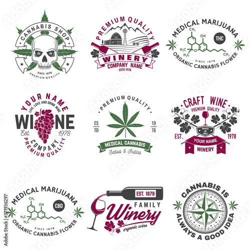 Set of wine company and medical cannabis shop badge. Vector. Concept for shirt, print, stamp or tee. Design for winery company, bar, pub, weed shop, marijuana delivery