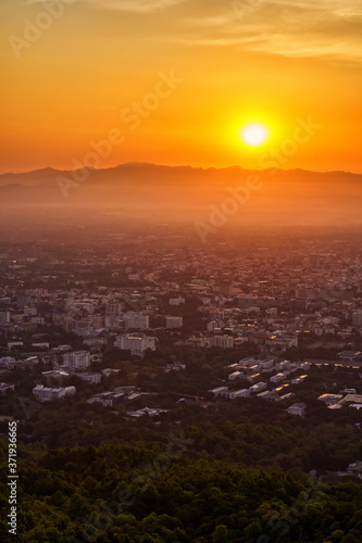 Sunset over the city   Chiang Mai in Thailand.