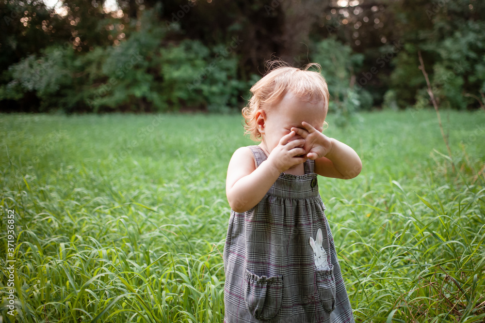 A child in the woods against a backdrop of trees and grass. A one-year-old girl is studying nature. Sunny sunset, a child in a gray dress. The child cries loudly, screams, tantrums. A child in the woods against a backdrop of trees and grass. A one-year-old girl is studying nature. Sunny sunset, a child in a gray dress. The child cries loudly, screams, tantrums.