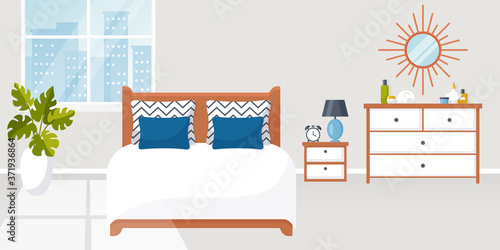 Bedroom with double bed. Modern interior. Vector banner.