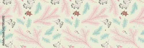 Merry Christmas seamless pattern background for New Year banner and holiday packaging, label design. Winter sale fair pattern. Xmas greeting card with pine cone background and Christmas illustrations.