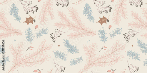 Natural festive seamless pattern for New Year banner background and holiday label design. Winter sale fair pattern. Xmas greeting card with pinecone decoration. Christmas tree illustrations.