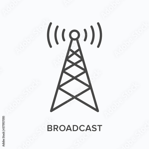 Broadcast flat line icon. Vector outline illustration of communication tower. Wireless signal thin linear pictogram