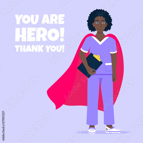 Young female nurse hospital medical employee with hero cape behind fights against diseases and viruses on frontline flat style vector illustration. Future doctor or surgeon medical clinic staff hero.
