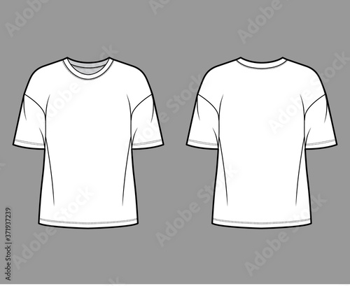 Cotton-jersey t-shirt technical fashion illustration with crew neckline, elbow sleeves, dropped shoulders. Flat outwear basic apparel template front, back, white color. Women men unisex top CAD mockup