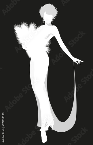 Beautiful and sexy lady dressed in the retro Burlesque style, wearing a fan of feathers and transparencies